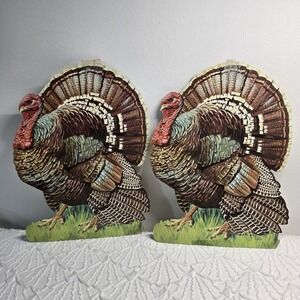 Vtg Eureka Thanksgiving Turkey Die Cut Paper Cutout‎ Wall Decor Window Lot of 2